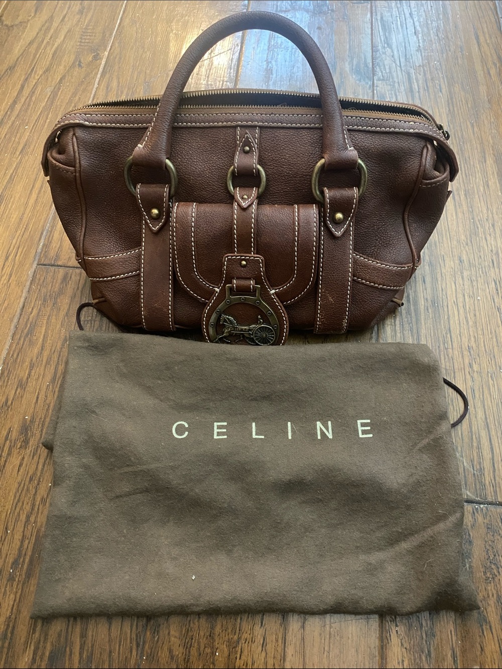 Celine Brown Leather Top-Handle Messenger Satchel